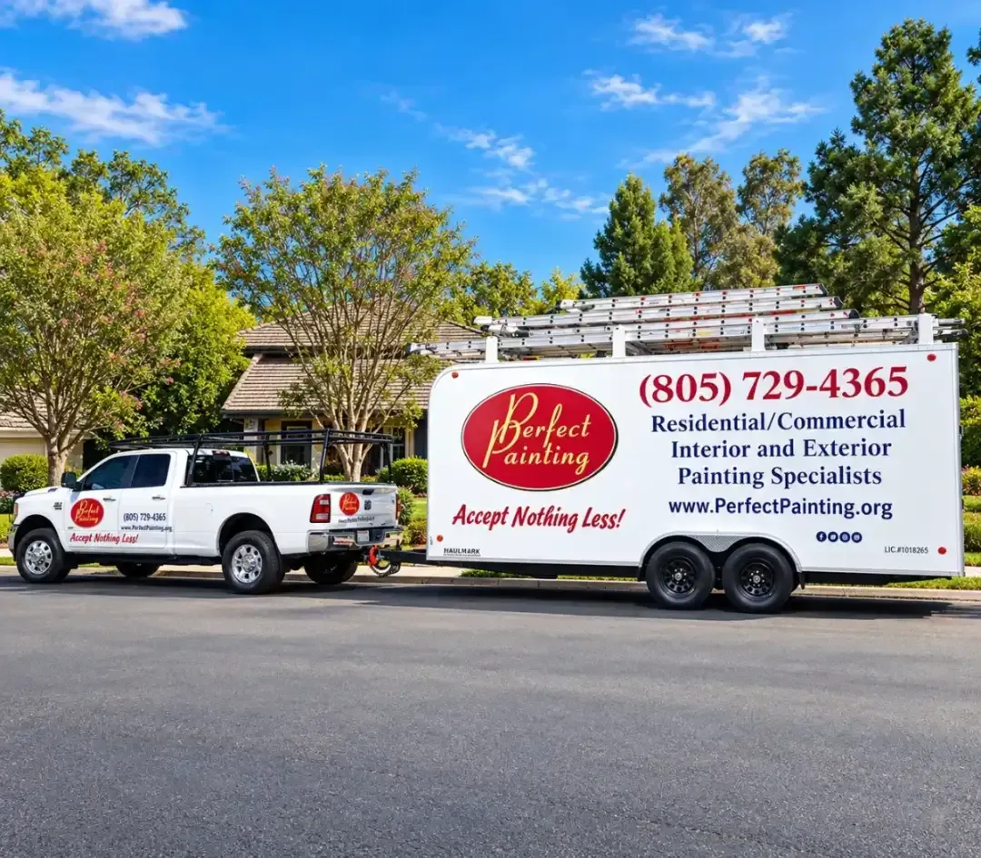 White utility truck towing a trailer with Perfect Painting branding parked on a street under blue sky