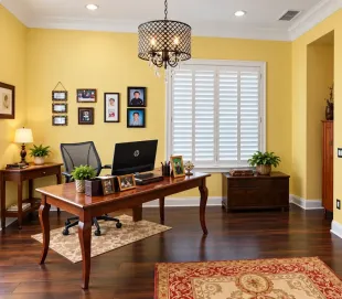 Elegant home office with yellow walls, wooden desk, chandelier, framed photos, and window shutters