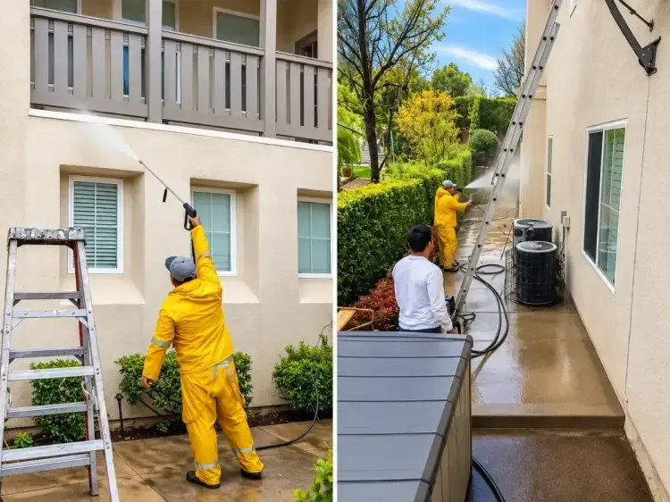 Two workers pressure-washing the exterior wall of a beige house, one on a ladder and one on the ground.