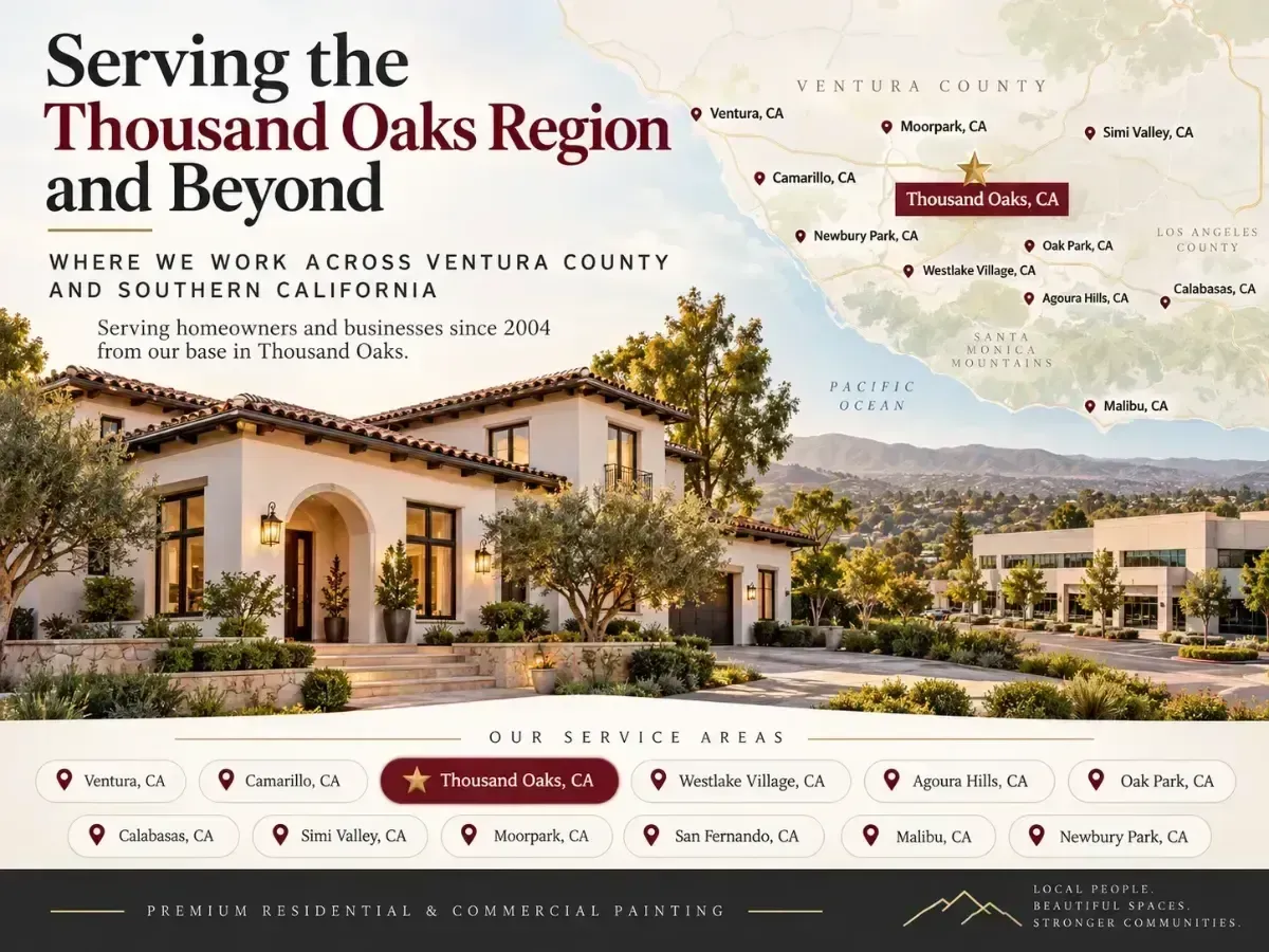 Real estate website banner with a house, mountains, and text “Serving the Thousand Oaks Region and Beyond”