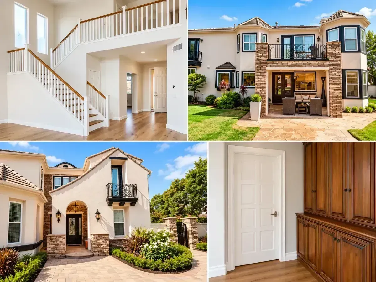 Collage of a beige Mediterranean-style home exterior and bright white interior staircase and entryway
