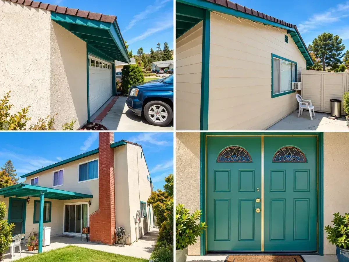 Collage of a beige house exterior with teal trim, side yard, chimney, and matching teal double doors