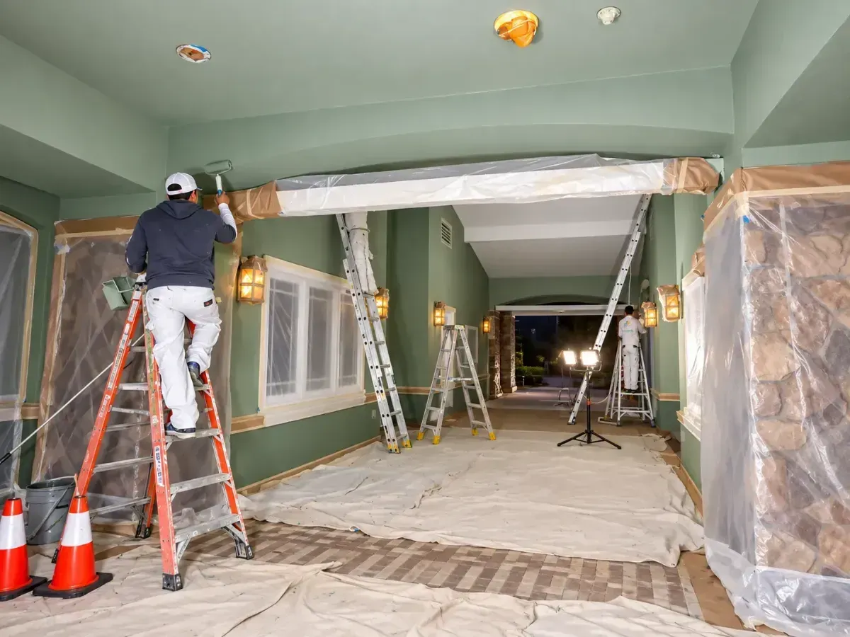Workers masking a room for painting, with ladders, plastic sheeting, and orange cones under renovation