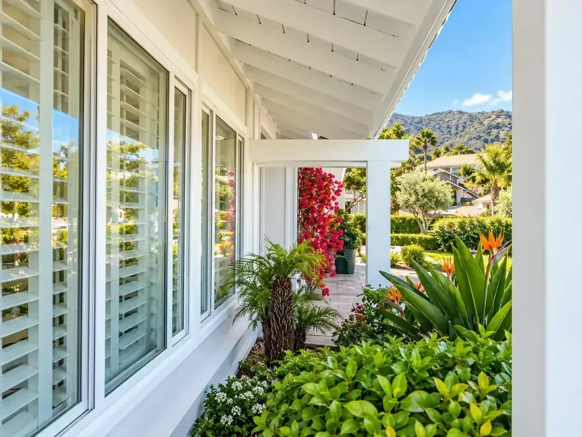 Sunny porch with white shutters, lush green plants, and a red flowering vine beside a hillside view