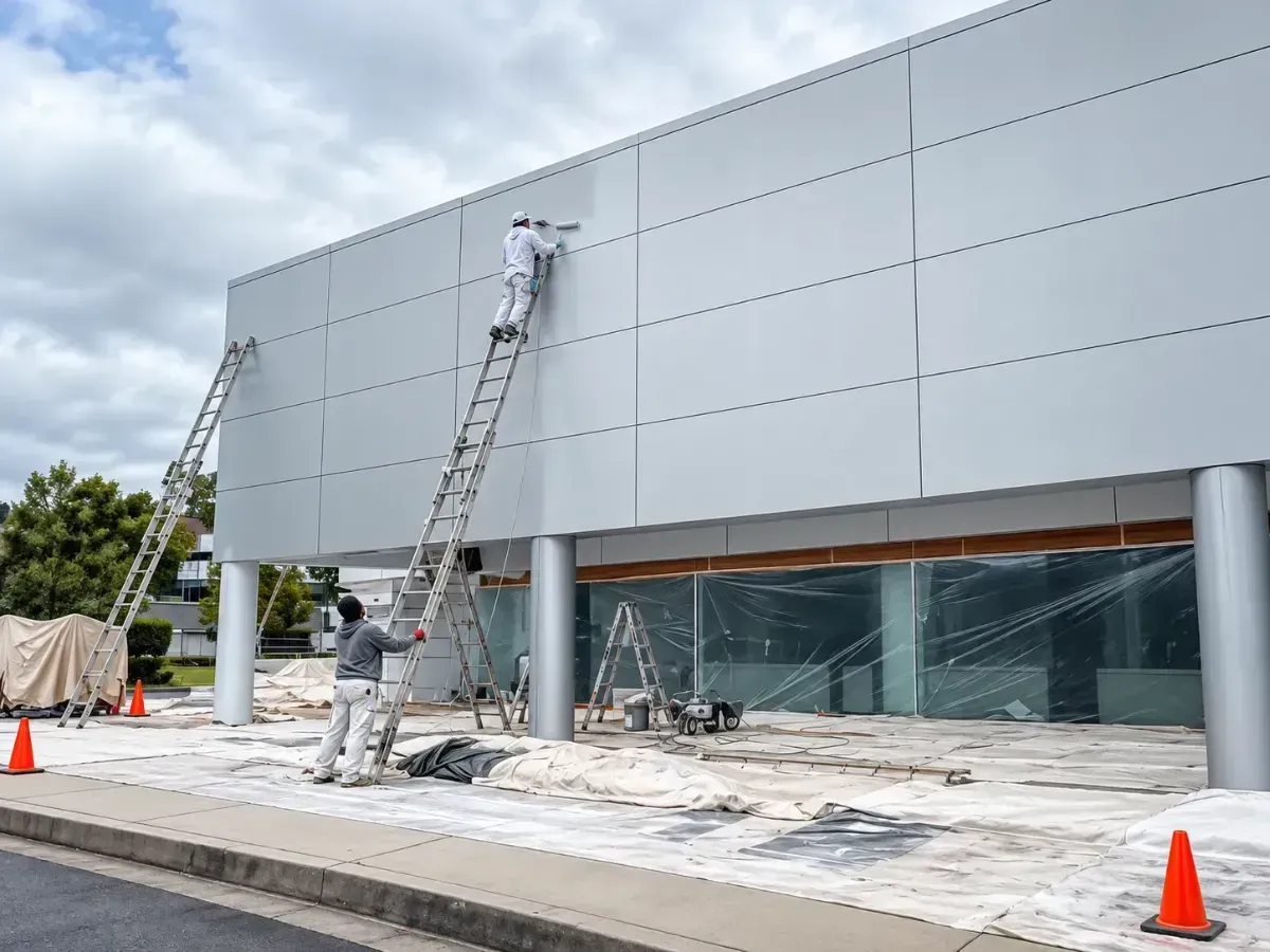 Workers on ladders repairing a gray building facade with orange cones on a construction site