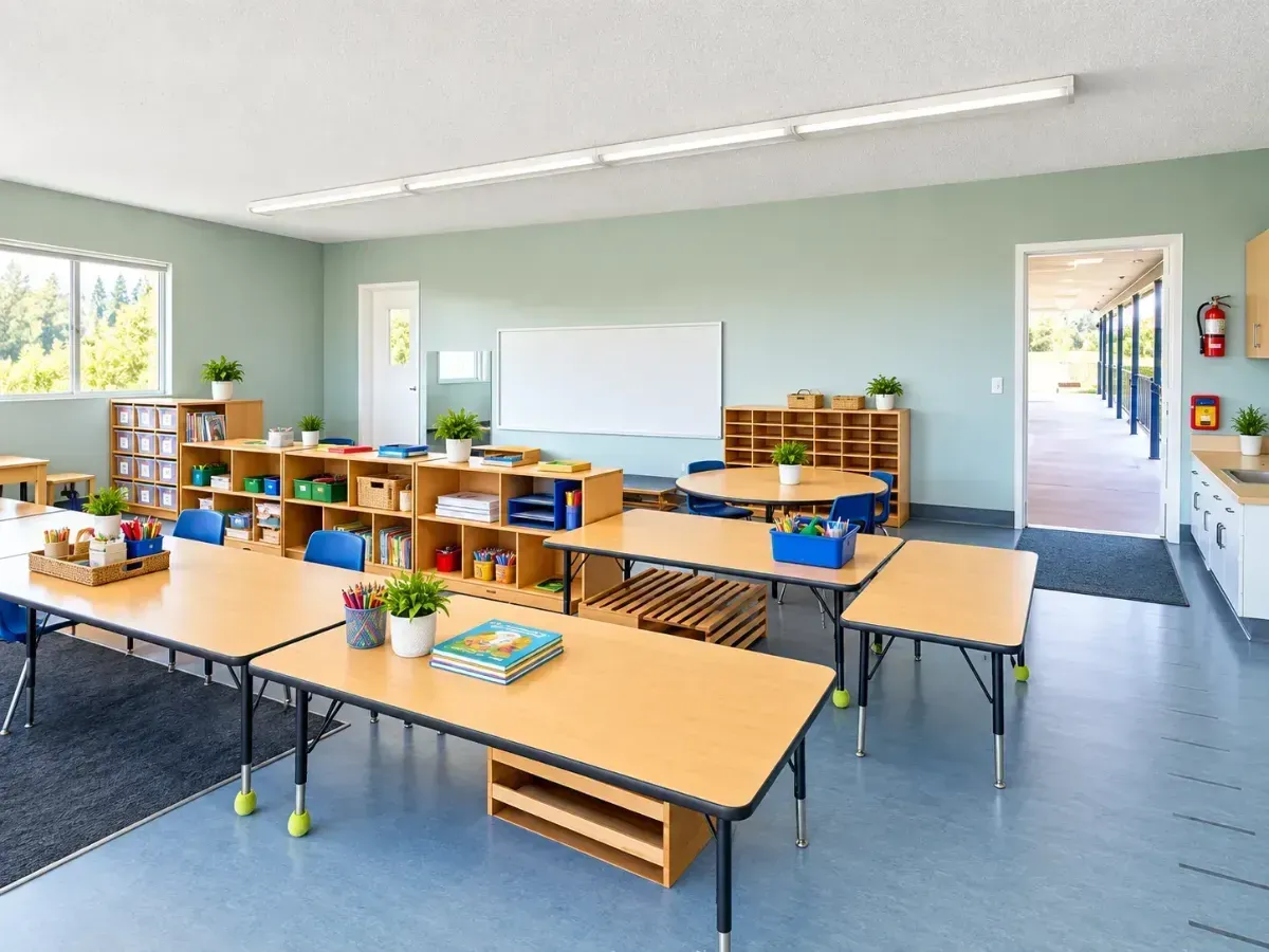Empty classroom with tables, chairs, whiteboard, storage shelves, and sunlight from large windows.