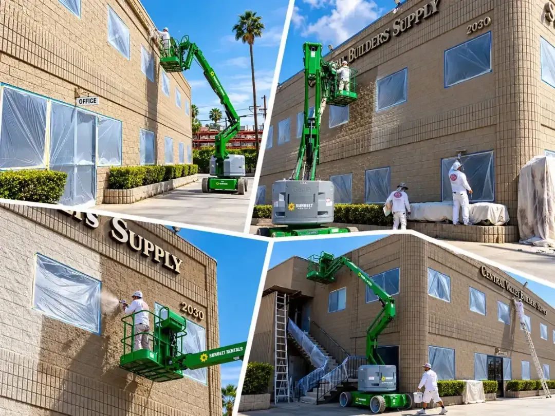 Workers using green aerial lifts outside a tan warehouse under a blue sky