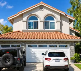 Suburban two-story house with terracotta roof, garage, and two parked cars in front