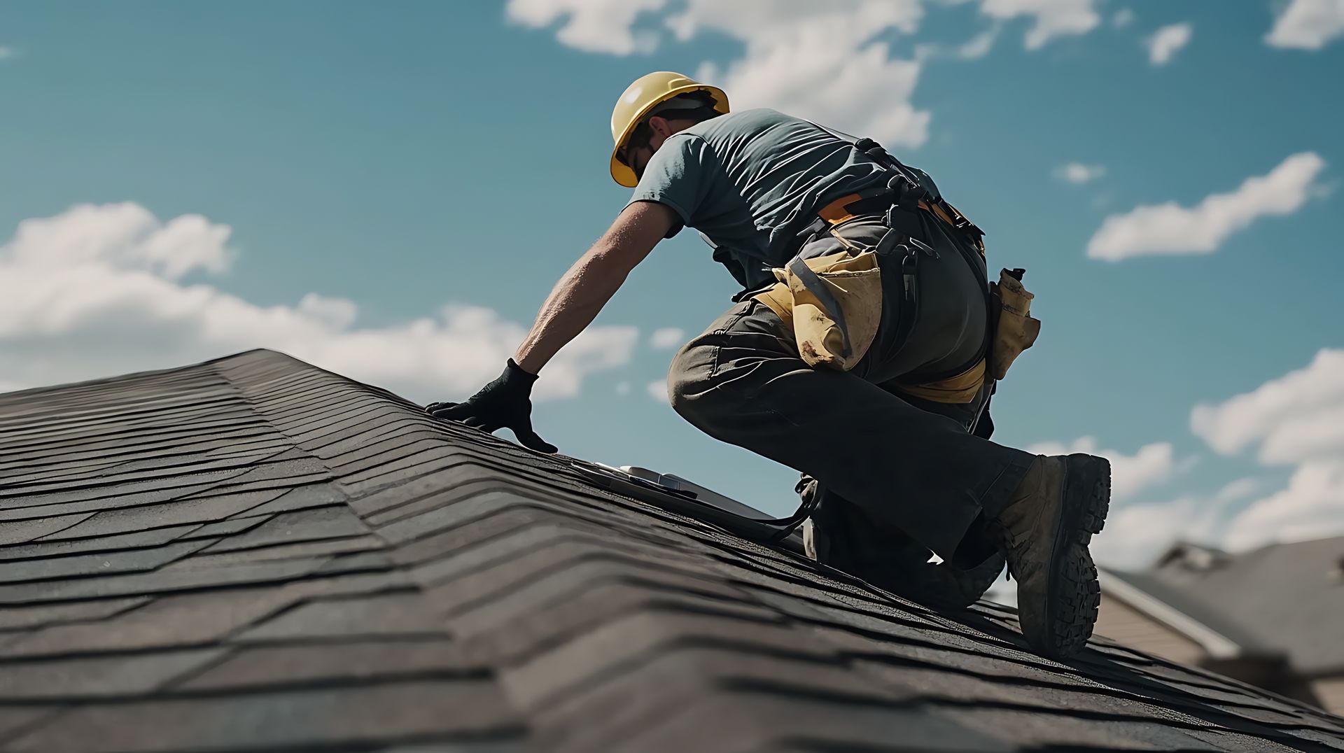 A professional local roofing contractor installing dark asphalt shingles on a residential home roof.