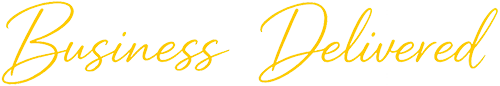 Gold cursive text reading “Business Delivered” on a white background