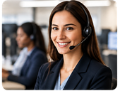 Smiling customer support agent wearing a headset in an office