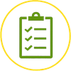 Green clipboard checklist icon inside a yellow circle.