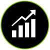 White growth chart with rising arrow on black circle with green border