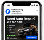 Sponsored auto repair ad on a phone, showing mechanic working on car and “Need Auto Repair? We can help!”