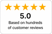 Five gold stars above “5.0” and “Based on hundreds of customer reviews” on a white card.