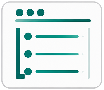 Teal list icon with three bullet points and horizontal lines on a white rounded square