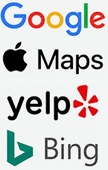 Google, Apple Maps, Yelp, and Bing logos stacked vertically on a white background