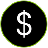 White dollar sign on black circle with green border