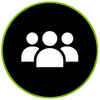 Three white user silhouettes inside a black circle with a green outline
