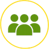 Three green people icons inside a yellow circle on a white background