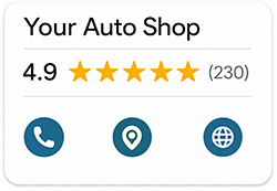Your Auto Shop listing card with 4.9-star rating, 230 reviews, and phone, location, and website icons