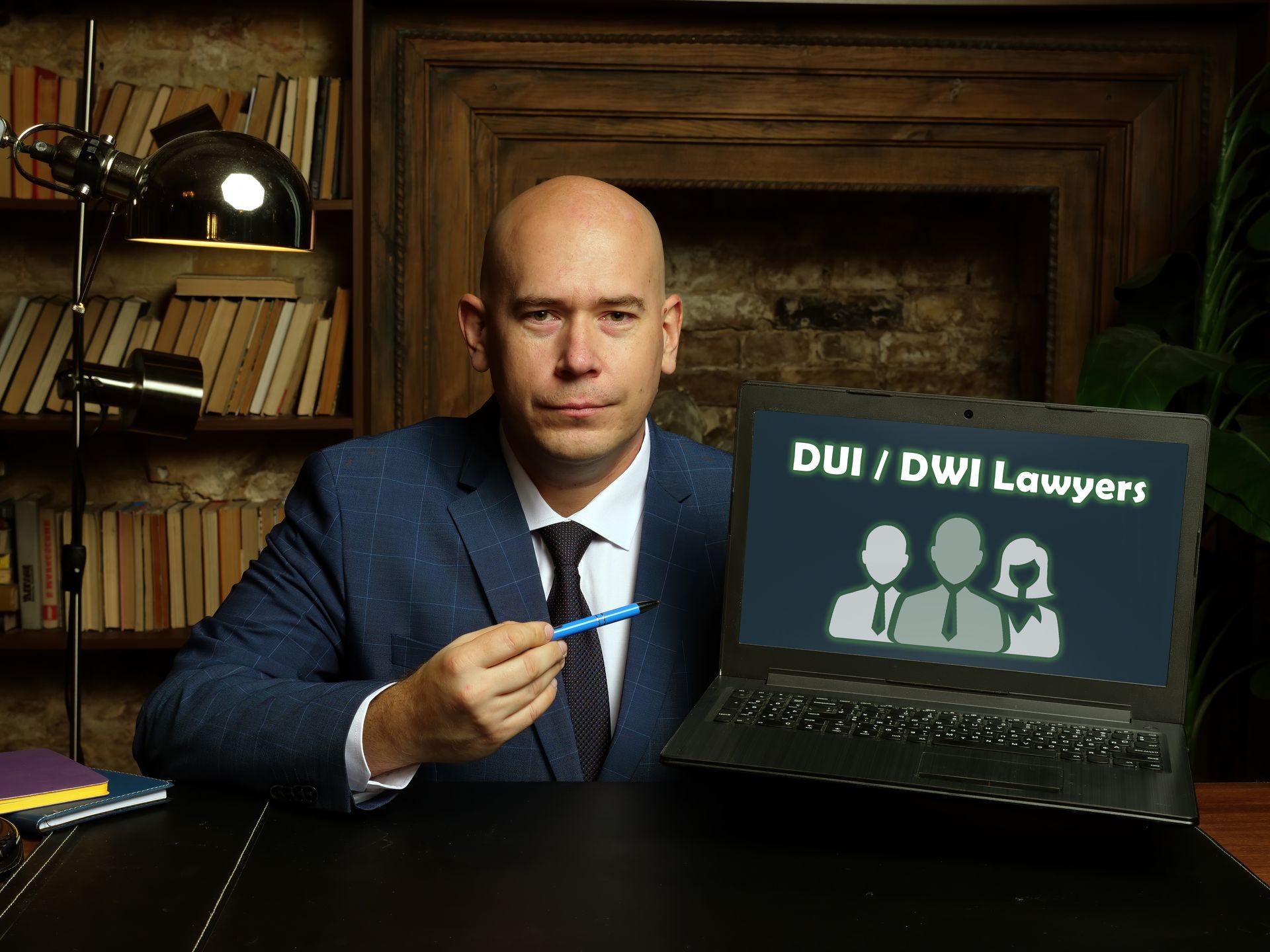 A professional man in a suit works at a desk with a laptop & pen, representing a DUI defense lawyer.