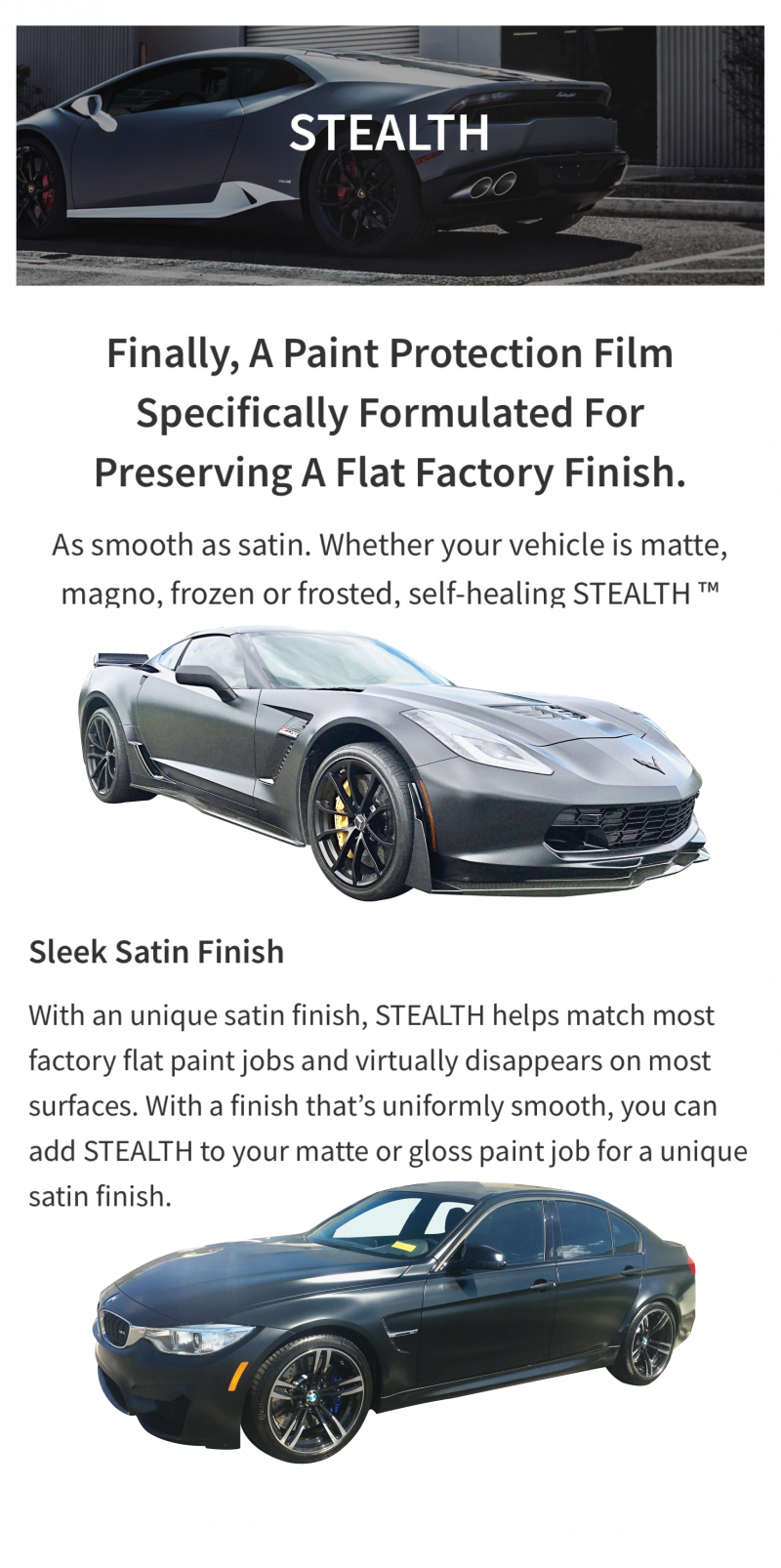 Stealth paint protection film ad with glossy black sports car and satin finish example on a dark background