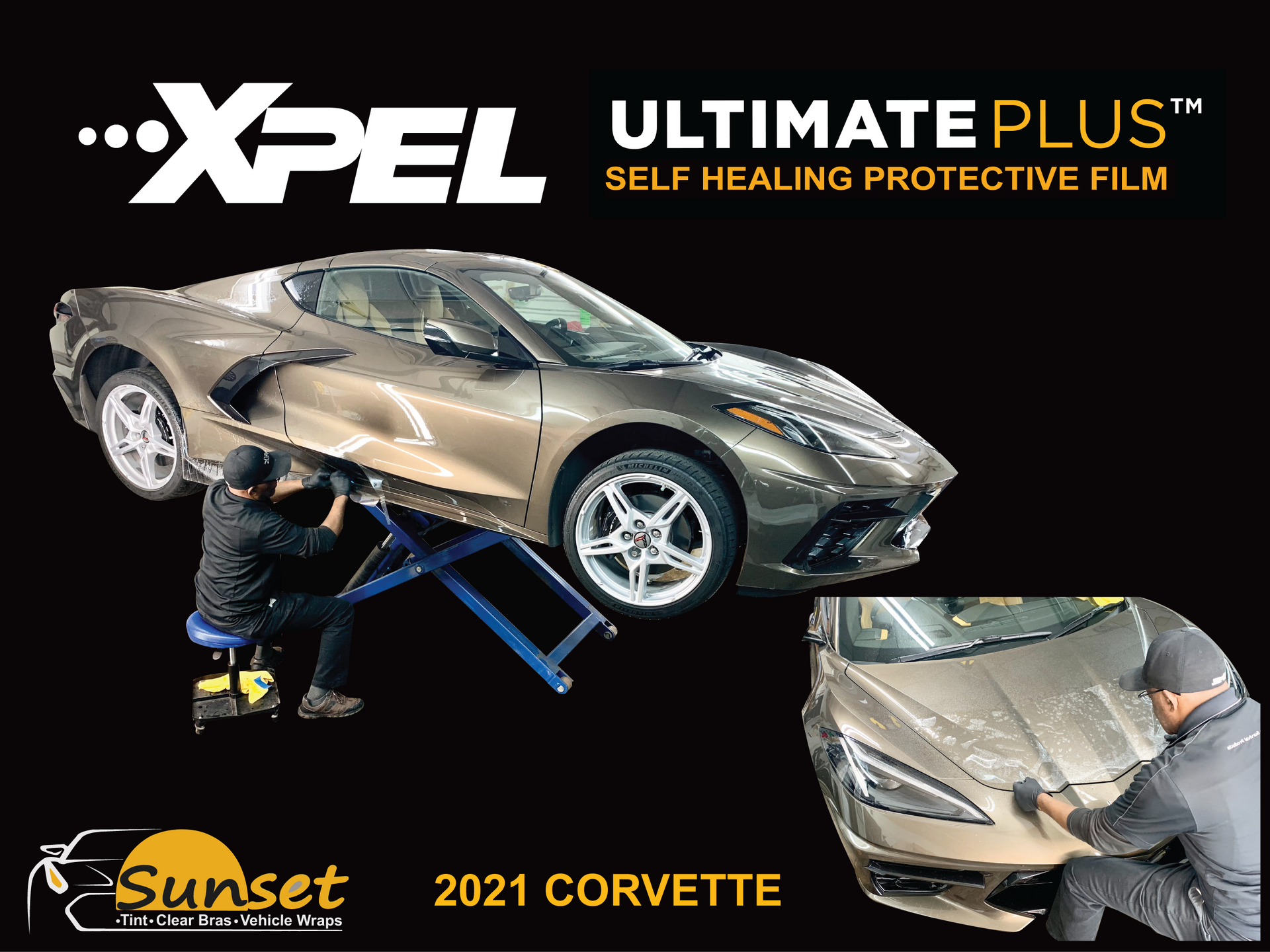 Sunset XPEL Ultimate Plus film on a gold 2021 Corvette in a shop, with close-up window tinting details.