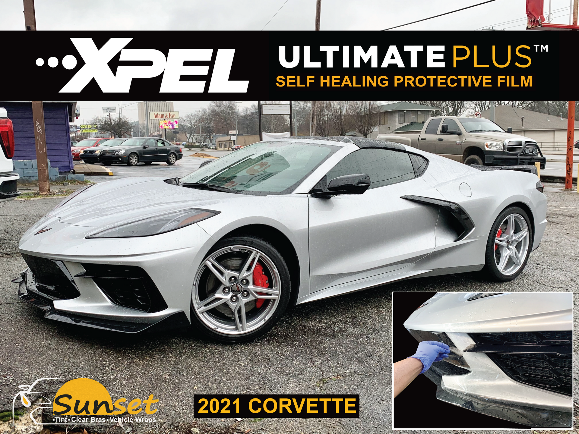 White 2021 Corvette with XPEL Ultimate Plus paint protection film, shown at Sunset with inset detail of rear bumper trim