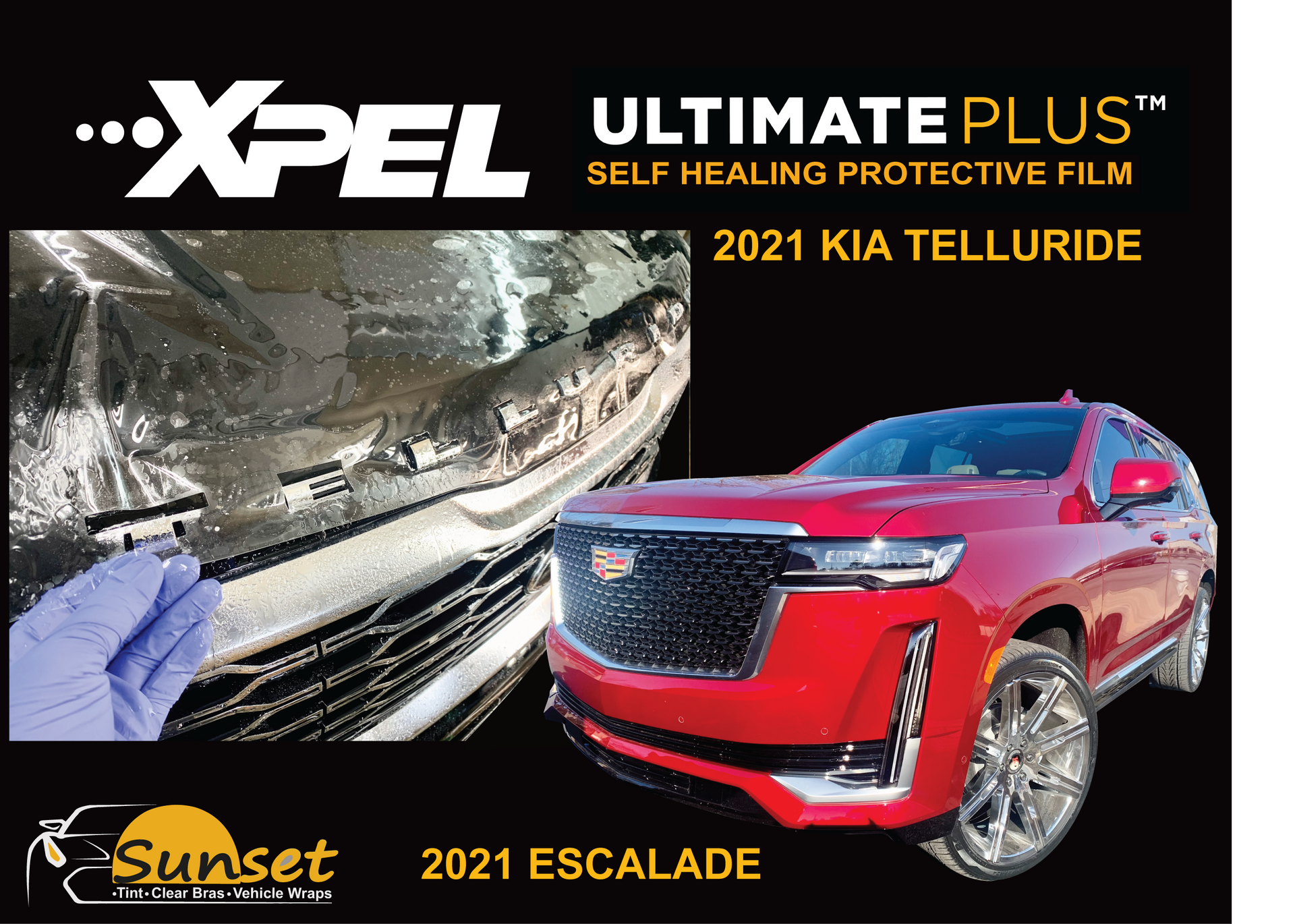 XPEL Ultimate Plus film ad showing a red 2021 Kia Telluride and a 2021 Escalade detail install