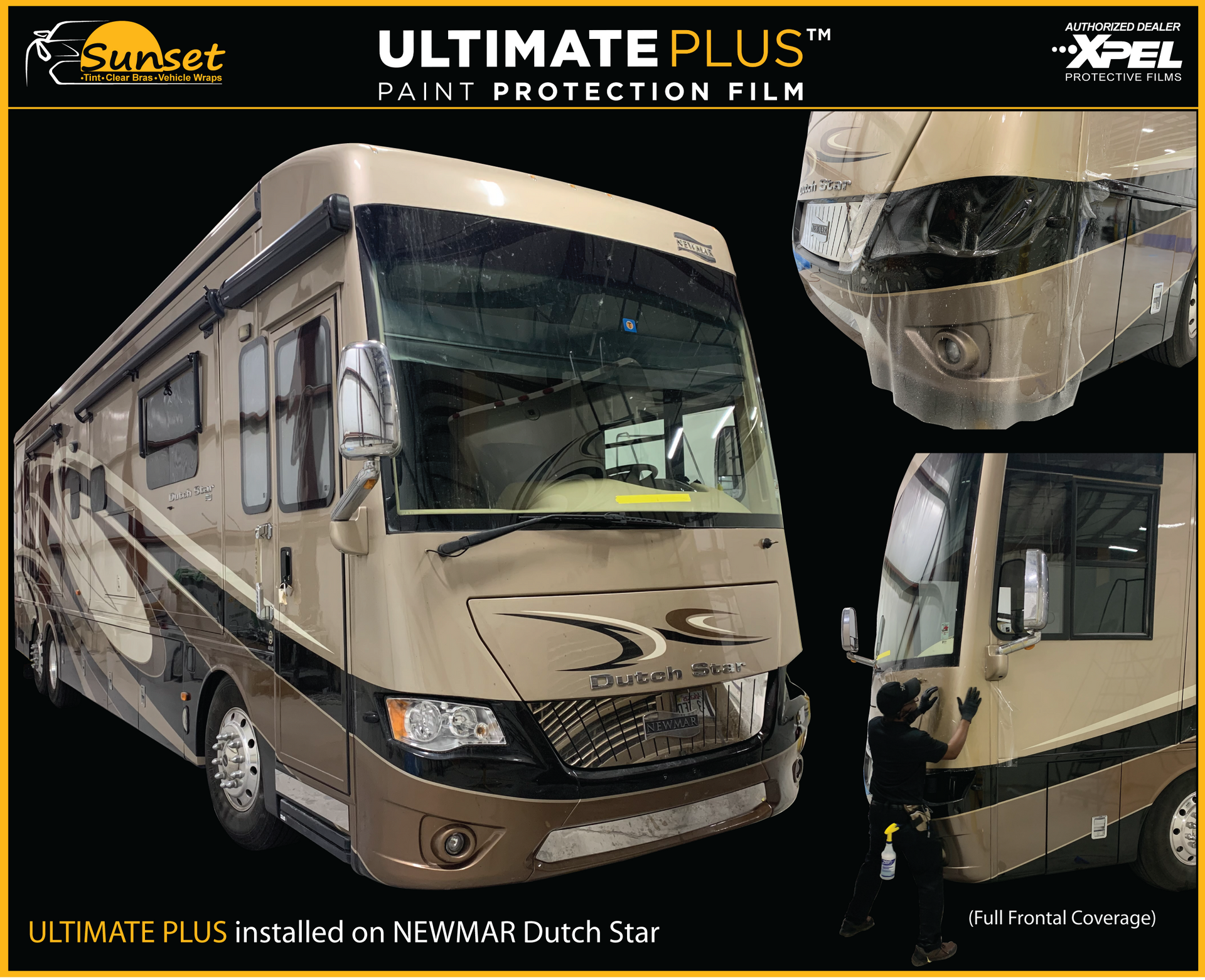 Three views of a tan motorhome with Ultimate Plus paint protection film branding on black background