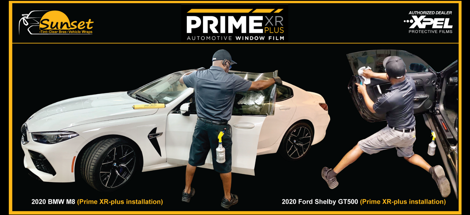 Two uniformed auto detailers with white sports car and two different views of applying window tint, on black background