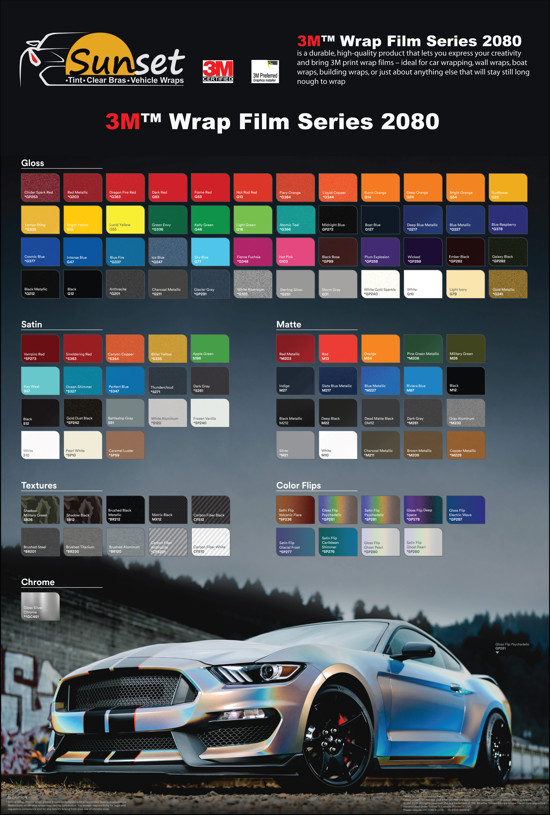 3M vinyl wrap film color chart with dozens of swatches and a customized silver sports car