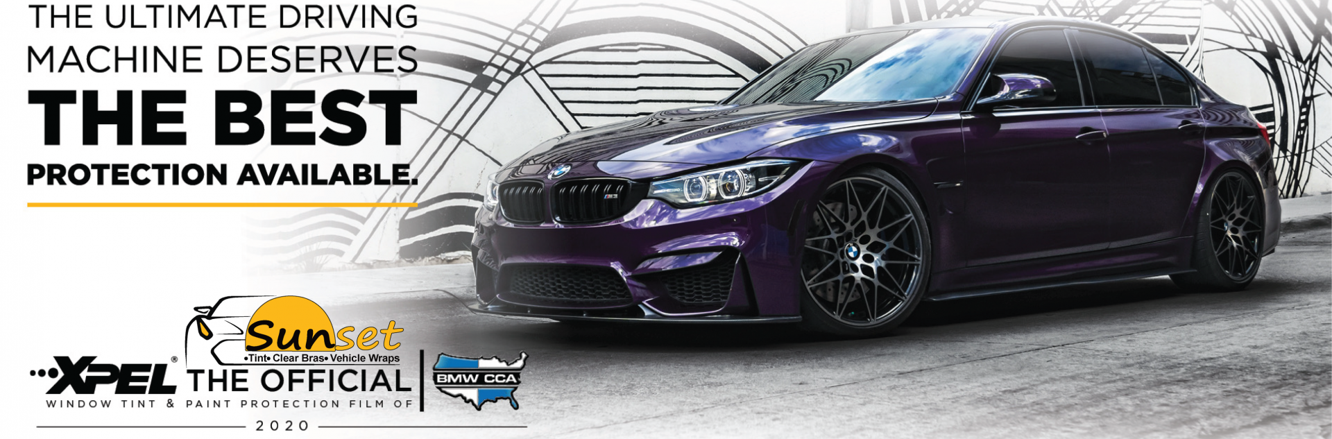 Purple sports car with “The Ultimate Driving Machine Deserves the Best Protection Available” text and XPEL branding