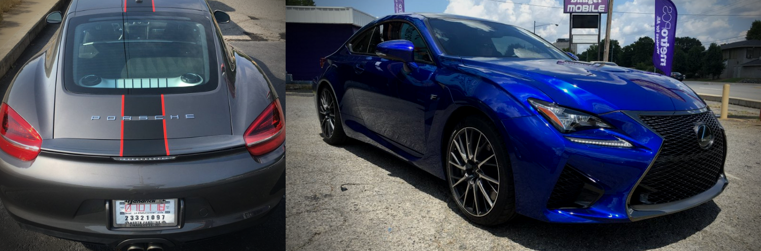 Rear and front views of two sporty hatchbacks: gray with red racing stripes and blue parked at night.