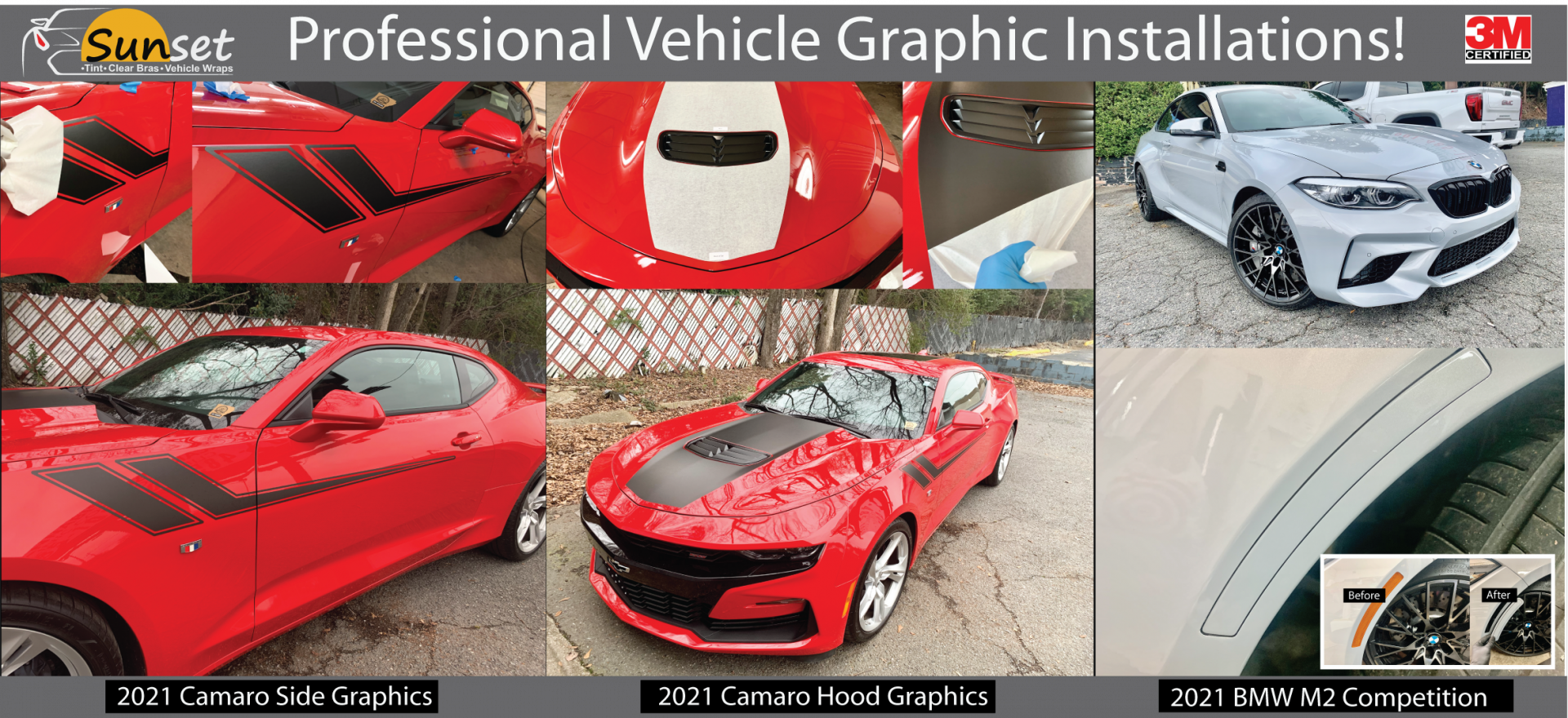 Collage of red sports cars with vehicle vinyl graphics installation and branding text