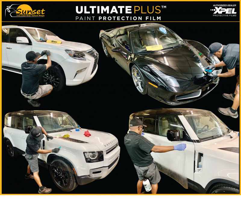 Auto detailers applying paint protection film to white and black cars under “Ultimate Plus” banner