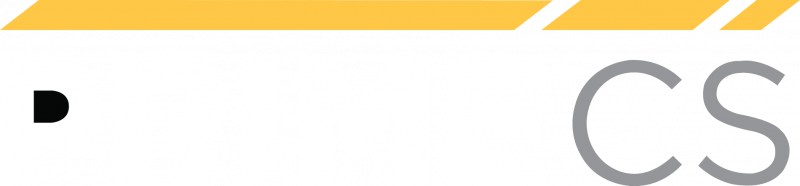 White banner with yellow diagonal stripes, a black dot, and partial gray letters “CS”