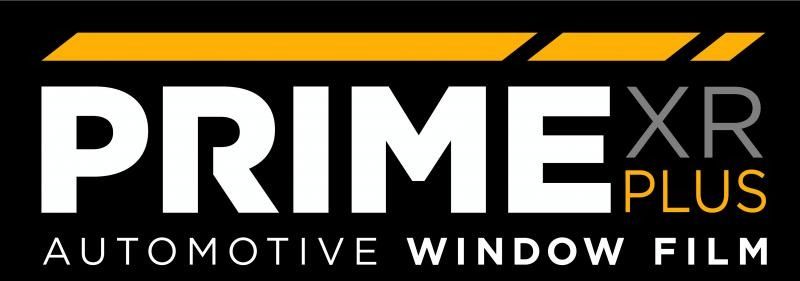 PRIME XR Plus automotive window film logo in white and gray on a black background with orange accents