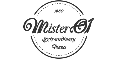 A black and white logo for mister 01 extraordinary pizza.