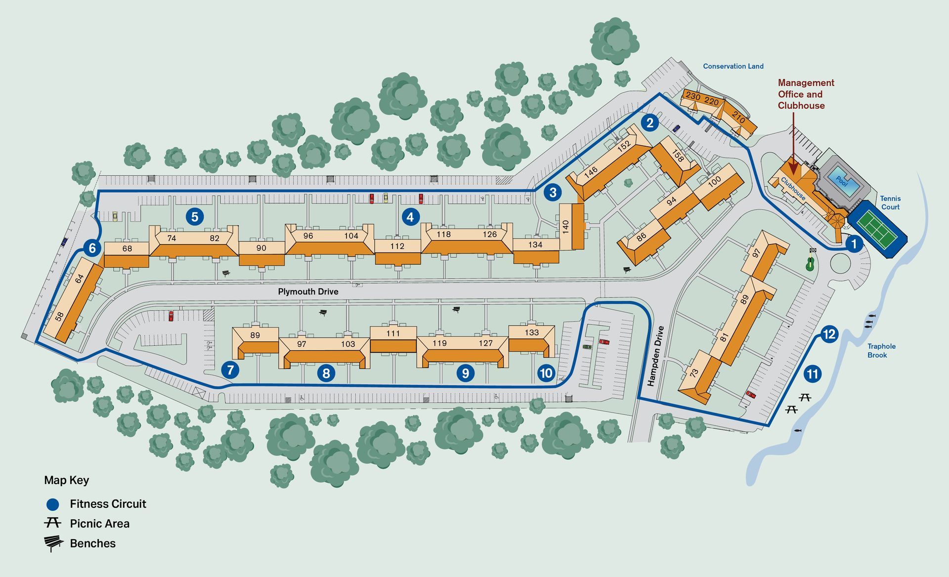 Site plan map with orange buildings, blue paths, and green trees on a light background