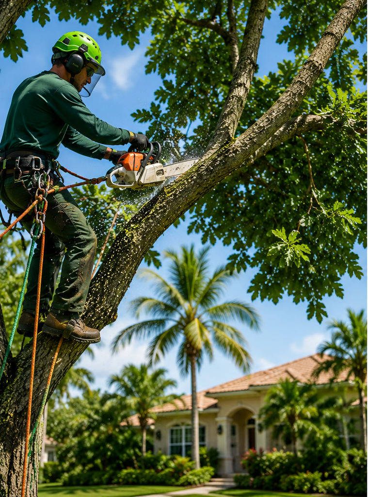 Arborist in green helmet trimming a tree branch with a chainsaw near a suburban home