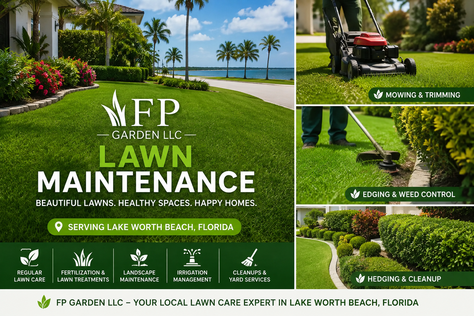 WFP Garden LLC lawn maintenance ad with green lawn, palm trees, and service photos of mowing and cleanup