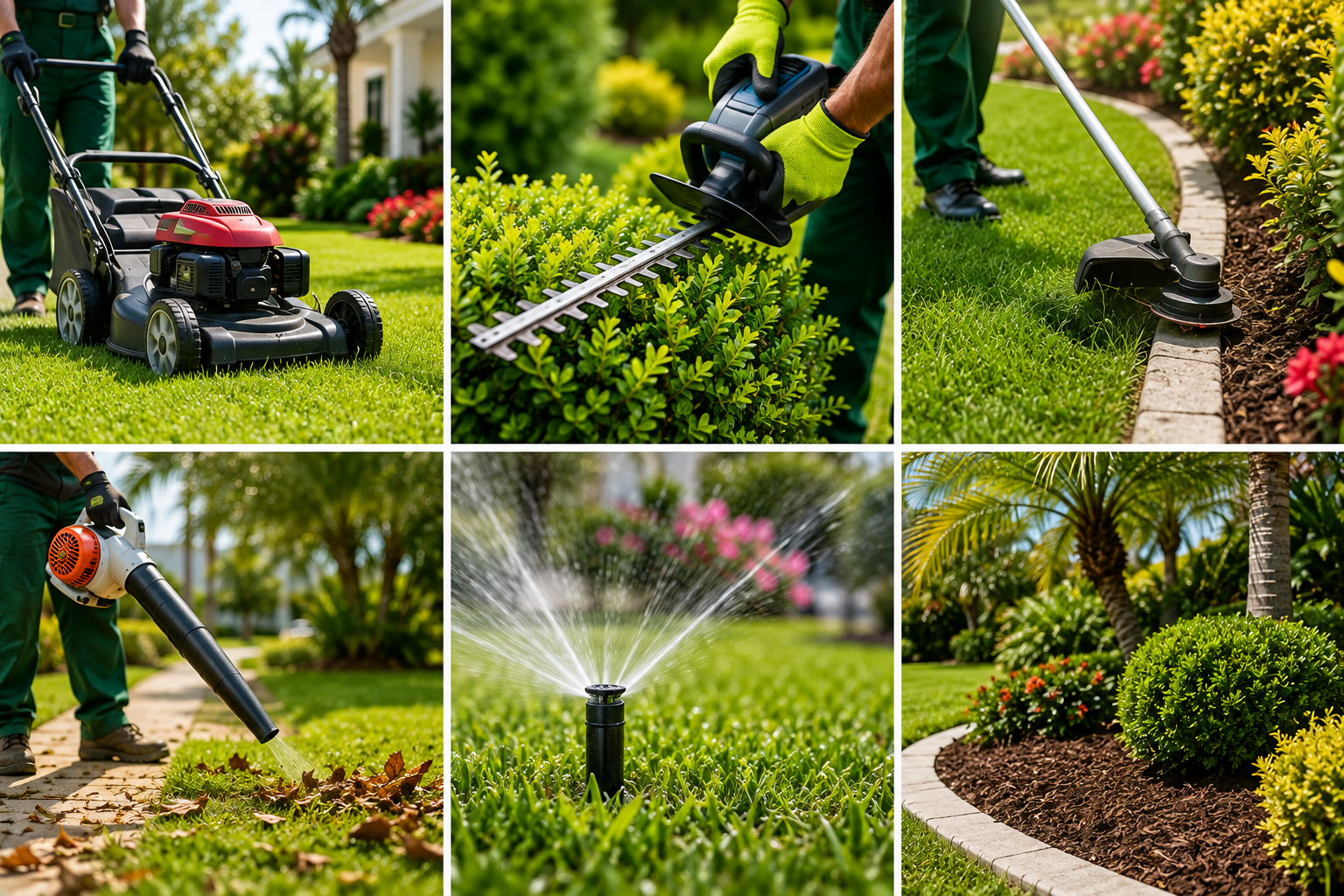 Garden maintenance collage with lawn mower, trimmer, edging, leaf blower, and sprinkler on a lush lawn