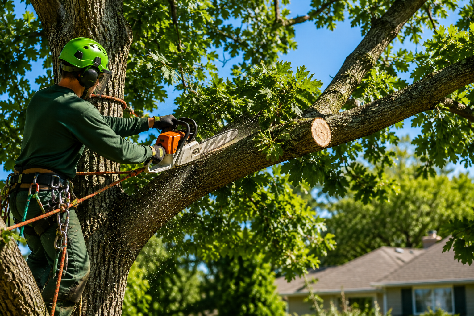 Arborist in green gear cuts a tree branch with a chainsaw in a leafy yard.