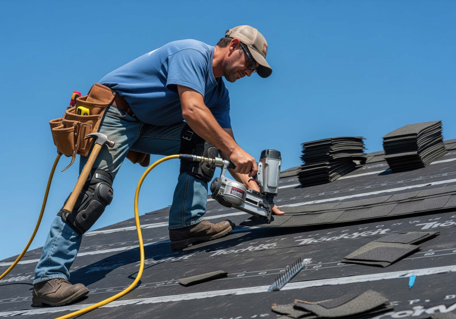 Roofer in blue shirt, jeans, and cap uses a nail gun to attach shingles to a black roof on a sunny day. Roofer in blue shirt, jeans, and cap uses a nail gun to attach shingles to a black roof on a sunny day.