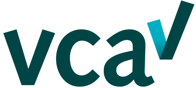 Een blauw en wit logo voor vcav op een witte achtergrond.