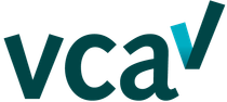 Een blauw en wit logo voor vcav op een witte achtergrond.