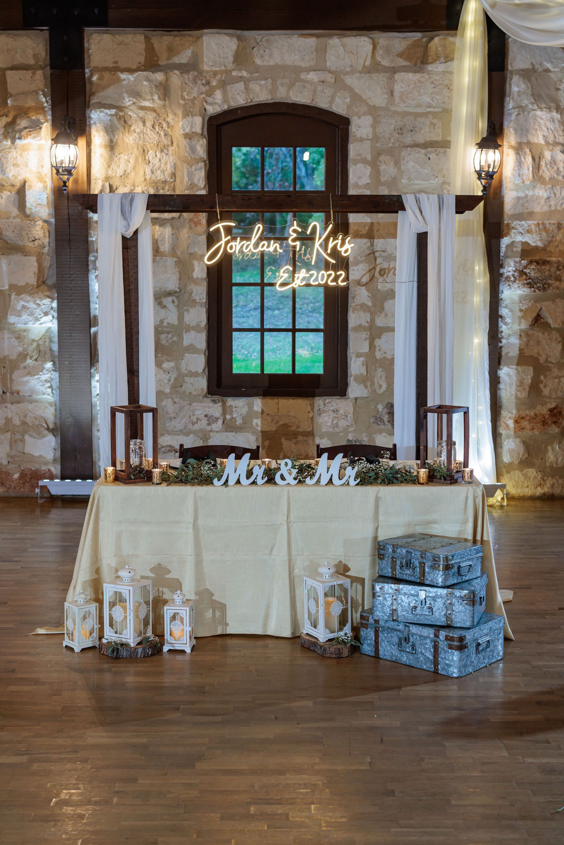 There is a table with a sign that says mr. and mrs. on it.