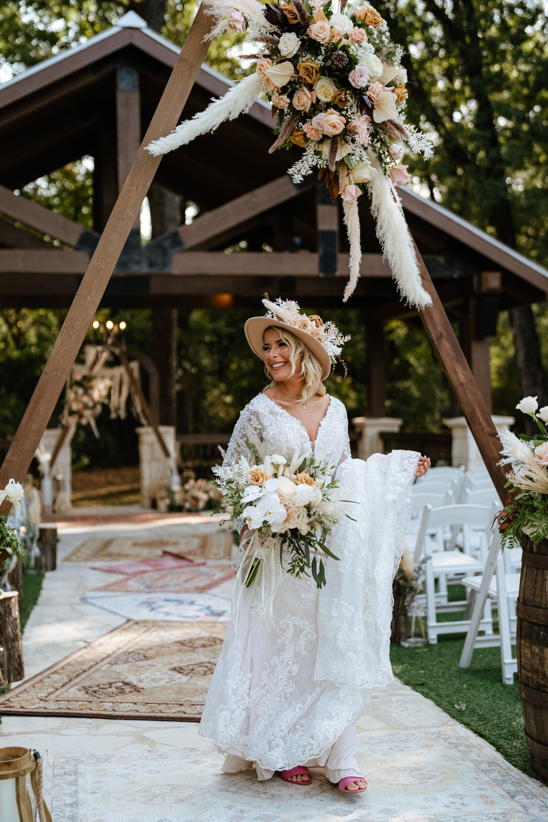 Boho Bride walking down wedding aisle
